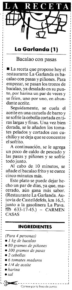 Recepta de bacall amb passes del restaurant 'La Garlanda' de Gav Mar publicada al diari LA VANGUARDIA (4 Abril 1999)